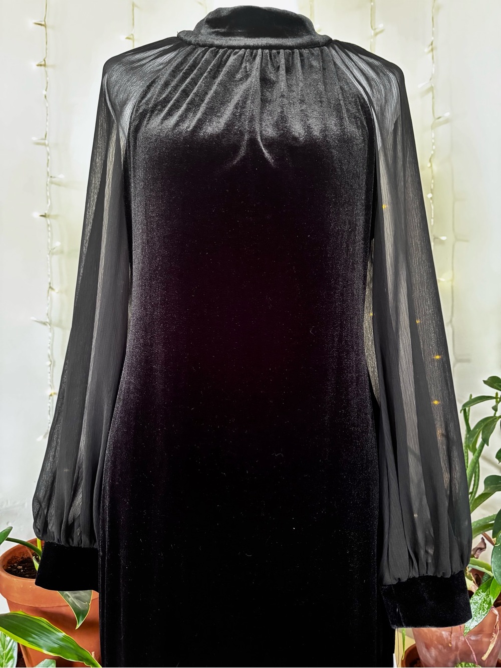 Calvin Klein Velvet Shift Dress Sheer Sleeves NWT Black Mock Neck Dress